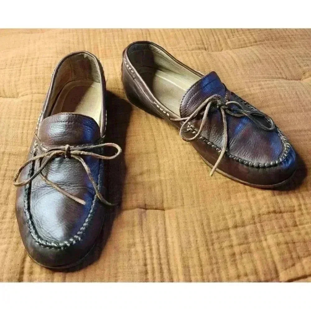 Frye Lewis Tie Slip On Leather Loafers Tan Brown Driving Boat Shoes US Size 9
